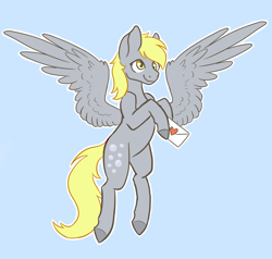 Size: 1444x1372 | Tagged: safe, artist:flaming-trash-can, derpy hooves, ditzy doo, pegasus, pony, blue background, female, flying, love letter, mare, outline, simple background, smiling, solo, wings