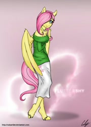 Size: 500x700 | Tagged: safe, artist:calyartist, fluttershy, anthro, clothes, off shoulder, shy, skinny, solo, sweatershy