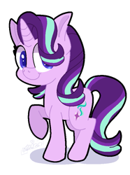 Size: 599x806 | Tagged: safe, artist:awoomarblesoda, starlight glimmer, pony, unicorn, :t, chibi, female, hair over one eye, looking at you, mare, raised hoof, simple background, smiling, solo, white background