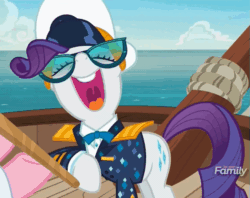 Size: 627x497 | Tagged: safe, screencap, rarity, pony, unicorn, ppov, animated, captain rarity, discovery family logo, gif, laughing, loop, nose in the air, wahaha