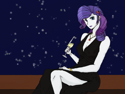 Size: 1024x768 | Tagged: safe, artist:eulicious, rarity, human, alcohol, champagne, clothes, dress, hairpin, humanized, implied rarijack, jewelry, lipstick, looking at you, night, pony coloring, solo