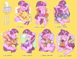 Size: 977x750 | Tagged: safe, artist:rikose, derpibooru import, twilight sparkle, book, clothes, drunk, drunk twilight, eggplant, expressions, eyes closed, food, insomnia, japanese, meat, pajamas, pepperoni, pepperoni pizza, pizza, sleeping, smiling, snot bubble, twilight snapple