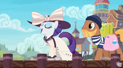 Size: 845x467 | Tagged: safe, screencap, rarity, pony, unicorn, ppov, 20th century, blouse, clothes, cravat, devon cody, discovery family logo, giant hat, hat, porter, raristocrat, rose dewitt bukater, sailor