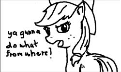 Size: 1006x603 | Tagged: safe, artist:mediocre, applejack, earth pony, pony, angry, black and white, flockmod, grayscale, looking at you