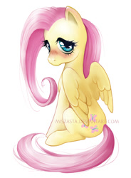 Size: 510x692 | Tagged: safe, artist:miszasta, fluttershy, pegasus, pony, blushing, looking at you, solo