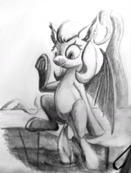 Size: 1138x1504 | Tagged: safe, artist:ponsce, derpibooru import, oc, oc only, bat pony, pony, female, frog (hoof), grayscale, horseshoes, mare, monochrome, pond, sitting, solo, tentacles, traditional art, underhoof