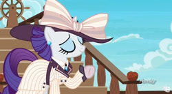 Size: 845x467 | Tagged: safe, screencap, rarity, pony, unicorn, ppov, 20th century, blouse, clothes, cravat, discovery family logo, giant hat, hat, raristocrat, rose dewitt bukater, solo