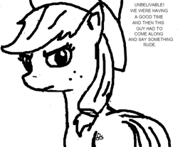Size: 603x499 | Tagged: safe, artist:mediocre, applejack, earth pony, pony, angry, black and white, flockmod, grayscale, looking at you, rude