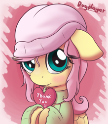 Size: 1400x1600 | Tagged: safe, artist:bugplayer, fluttershy, pegasus, pony, beanie, blushing, bugplayer is trying to murder us, clothes, cute, female, hat, heart, mare, shyabetes, solo, sweater, sweatershy, thank you