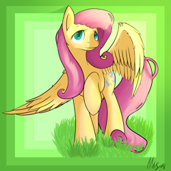 Size: 2000x2000 | Tagged: safe, artist:klarapl, fluttershy, pegasus, pony, grass, head turn, looking at you, raised hoof, solo, spread wings, standing, wings