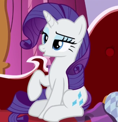 Size: 454x470 | Tagged: safe, screencap, rarity, pony, unicorn, ppov, cropped, female, lidded eyes, mare, raised hoof, sitting, solo