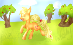 Size: 1024x634 | Tagged: safe, artist:rflzqt, applejack, earth pony, pony, apple, happy, hatless, missing accessory, solo, tree