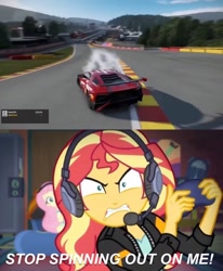 Size: 750x908 | Tagged: safe, fluttershy, sunset shimmer, better together, equestria girls, game stream, angry, car, circuit de spa francorchamps, controller, eau rouge, forza motorsport 7, gameplay, gamer sunset, headset, headset mic, lamborghini, lamborghini aventador sv, microsoft, race track, raidillon, read description, sunset gamer, sunset shimmer frustrated at game, sunset the angry gamer, xbox, xbox one, youtube link