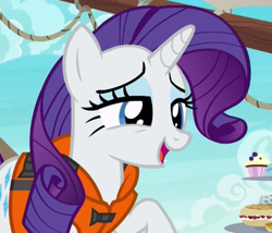 Size: 553x474 | Tagged: safe, screencap, rarity, pony, unicorn, ppov, cropped, cute, female, lidded eyes, lifejacket, mare, raised hoof, raribetes, solo