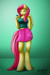 Size: 1000x1500 | Tagged: safe, artist:sikdrift, fluttershy, anthro, butterfly, belly button, clothes, midriff, skirt, solo, tanktop