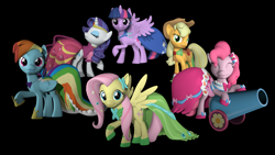 Size: 3840x2160 | Tagged: safe, artist:loveslove, derpibooru import, applejack, fluttershy, pinkie pie, rainbow dash, rarity, twilight sparkle, twilight sparkle (alicorn), alicorn, earth pony, pegasus, pony, unicorn, 3d, clothes, dress, gala dress, mane six, party cannon, source filmmaker