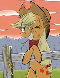 Size: 5100x6600 | Tagged: safe, artist:thethunderpony, applejack, earth pony, pony, absurd resolution, cowboy hat, cowgirl, fence, grass, hat, mountain, rope, smiling, solo