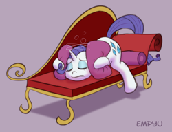 Size: 1000x767 | Tagged: safe, artist:empyu, rarity, pony, unicorn, hangover, headache, sofa, solo