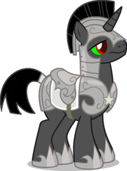 Size: 600x813 | Tagged: safe, artist:blah23z, derpibooru import, king sombra, pony, unicorn, colored sclera, green sclera, helmet, hoof shoes, male, recolor, red eyes, royal guard, royal guard armor, saddle, simple background, solo, stallion, tack, transparent background, unicorn royal guard