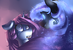 Size: 1600x1106 | Tagged: safe, artist:sourspot, nightmare moon, princess celestia, alicorn, pony, crying, glowing eyes, pink-mane celestia, younger