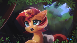 Size: 1920x1080 | Tagged: safe, artist:hierozaki, sunset shimmer, pony, unicorn, alternate hairstyle, cheek fluff, crepuscular rays, ear fluff, female, floppy ears, forest, looking up, mare, nature, neck fluff, open mouth, raised hoof, saddle bag, scenery, short mane, solo, tree