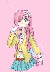 Size: 555x800 | Tagged: safe, artist:kumquat2514, fluttershy, human, belly button, clothes, humanized, midriff, skirt, solo