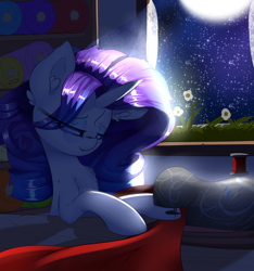 Size: 3000x3200 | Tagged: safe, artist:madacon, rarity, pony, unicorn, atg 2016, chest fluff, moonlight, newbie artist training grounds, night sky, sewing, sewing machine, solo, stars