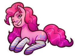 Size: 1000x750 | Tagged: safe, artist:gmm, pinkie pie, earth pony, pony, clothes, cute, diapinkes, ear fluff, grin, looking at you, one eye closed, pink, pink coat, pink mane, simple background, smiling, smiling at you, sock, socks, solo, stockings, striped socks, striped stockings, thigh highs, transparent background, wink
