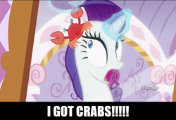 Size: 1280x870 | Tagged: safe, edit, edited screencap, screencap, rarity, crab, pony, unicorn, ppov, bad pun, caption, crab fighting a giant rarity, discovery family logo, female, giant crab, image macro, impact font, mare, meme, pun, rarity fighting a giant crab, role reversal, skuttles the crab, solo, text