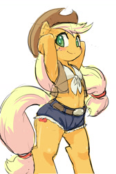 Size: 1000x1486 | Tagged: safe, artist:siagia, applejack, earth pony, pony, semi-anthro, armpits, belly button, blushing, clothes, cute, daisy dukes, female, freckles, front knot midriff, hat, jackabetes, looking at you, midriff, pixiv, shirt, shorts, simple background, smiling, solo, sweat, vest, white background