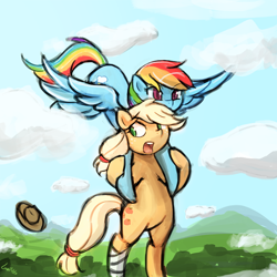 Size: 750x750 | Tagged: safe, artist:lumineko, derpibooru import, applejack, rainbow dash, earth pony, pegasus, pony, 30 minute art challenge, carrying, flying, looking back, open mouth, spread wings, wide eyes