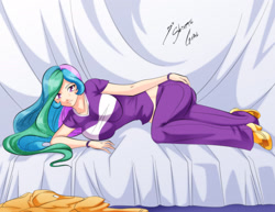 Size: 1650x1275 | Tagged: safe, artist:shinta-girl, princess celestia, principal celestia, human, equestria girls, big breasts, breasts, female, humanized, looking at you, lying down, princess breastia, solo, sunbutt, tight clothing