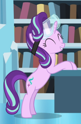 Size: 560x854 | Tagged: safe, screencap, starlight glimmer, pony, unicorn, celestial advice, bipedal, bipedal leaning, cropped, cute, eyes closed, female, glimmerbetes, goggles, leaning, mare, smiling, solo