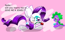 Size: 2272x1404 | Tagged: safe, artist:lovehtf421, rarity, spike, dragon, pony, unicorn, flower, gem, male, marriage proposal, rose, shipping, sparity, straight, text