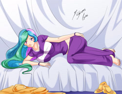 Size: 1650x1275 | Tagged: safe, artist:shinta-girl, princess celestia, principal celestia, human, equestria girls, barefoot, big breasts, breasts, feet, female, humanized, looking at you, midriff, on side, princess breastia, smiling, solo, tight clothing