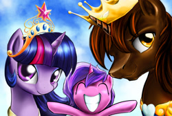 Size: 1650x1110 | Tagged: safe, artist:d-lowell, derpibooru import, twilight sparkle, twilight sparkle (alicorn), oc, oc:courageous heart, oc:starlight, alicorn, pony, alicorn oc, canon x oc, commission, donut steel, family, female, filly, male, mama twilight, offspring, parent:oc:courageous heart, parent:twilight sparkle, parents:canon x oc, parents:twileous, self insert, shipping, straight, twileous