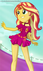 Size: 430x706 | Tagged: safe, artist:charliexe, sunset shimmer, better together, equestria girls, spring breakdown, clothes, cute, dress, female, geode of empathy, legs, magical geodes, miniskirt, shimmerbetes, skirt, smiling, solo