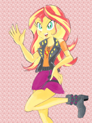 Size: 600x799 | Tagged: safe, artist:zimoguri, sunset shimmer, better together, equestria girls, boots, clothes, female, hand on hip, high heel boots, miniskirt, open mouth, shoes, skirt, solo