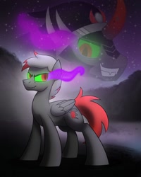 Size: 800x1000 | Tagged: safe, artist:drawponies, derpibooru import, king sombra, oc, oc:brimstone, pegasus, pony, umbrum, commission, fangs, glowing eyes, grin, smirk