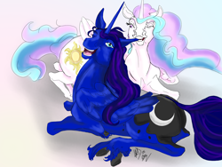 Size: 1650x1241 | Tagged: safe, artist:firimil, princess celestia, princess luna, alicorn, pony, ear pull, hoers, siblings