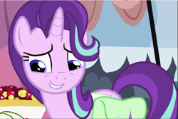 Size: 1407x940 | Tagged: safe, screencap, starlight glimmer, pony, unicorn, rock solid friendship, bag, cropped, female, lip bite, mare, saddle bag, smiling, solo