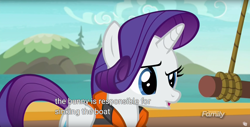 Size: 1920x975 | Tagged: safe, screencap, rarity, pony, unicorn, ppov, implied angel bunny, lifejacket, meme, solo, youtube caption