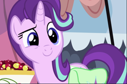 Size: 1412x940 | Tagged: safe, screencap, starlight glimmer, pony, unicorn, rock solid friendship, bag, cropped, female, mare, saddle bag, smiling, solo