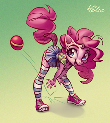 Size: 1600x1774 | Tagged: safe, artist:holivi, pinkie pie, anthro, earth pony, plantigrade anthro, ball, clothes, converse, cute, diapinkes, female, gradient background, kneesocks, mare, pleated skirt, shoes, skirt, skirt lift, sneakers, socks, solo, striped socks, suspenders, thigh highs, zettai ryouiki