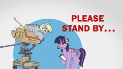 Size: 955x535 | Tagged: safe, artist:shouldbedrawing, derpy hooves, twilight sparkle, twilight sparkle (alicorn), alicorn, pegasus, pony, camera, clipboard, female, headphones, headset, mare, please stand by, ponies the anthology vii, technical difficulties, unamused