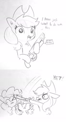 Size: 1124x2048 | Tagged: safe, artist:tjpones, derpibooru import, applejack, pinkie pie, rainbow dash, earth pony, pegasus, pony, abuse, cowboy hat, d:, derp, female, floppy ears, frown, glare, gun, hat, hitting, hoof hold, implied pear butter, ink drawing, lineart, mare, one eye closed, open mouth, pinkiebuse, shotgun, silly, silly pony, simple background, sketch, smiling, spread wings, traditional art, violence, weapon, whack, white background, who's a silly pony, wide eyes, wings, wink, yeet