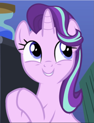 Size: 717x941 | Tagged: safe, screencap, starlight glimmer, pony, unicorn, rock solid friendship, cropped, cute, cutie, excited, female, glimmerbetes, grin, hooves together, looking up, mare, smiling, solo