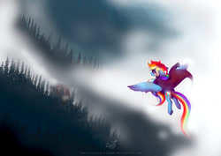 Size: 1024x724 | Tagged: safe, artist:wilvarin-liadon, derpibooru import, rainbow dash, pegasus, pony, cape, clothes, flying, forest, solo
