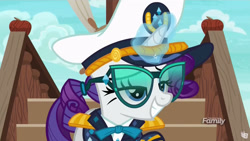 Size: 1277x718 | Tagged: safe, screencap, rarity, pony, unicorn, ppov, captain rarity, discovery family logo, lidded eyes, solo