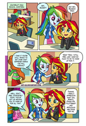 Size: 583x851 | Tagged: safe, artist:art-2u, nolan north, normal norman, rainbow dash, sunset shimmer, watermelody, comic:gym partners, equestria girls, background human, cafeteria, clothes, comic, computer, female, male, open mouth, sitting, skirt, smiling, speech bubble, wristband